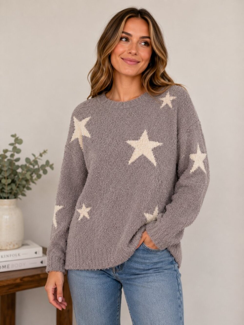 Cupcakes and Cashmere M Star Print Fuzzy Sweater Gray Pullover Cozy Soft Plush
